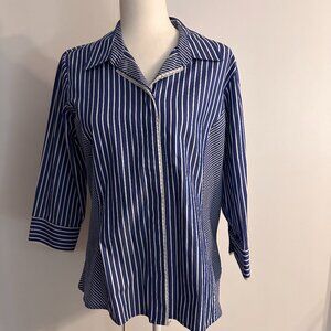 Liz Claiborne Lizsport Blue Striped Blouse with Lace Trim Size M